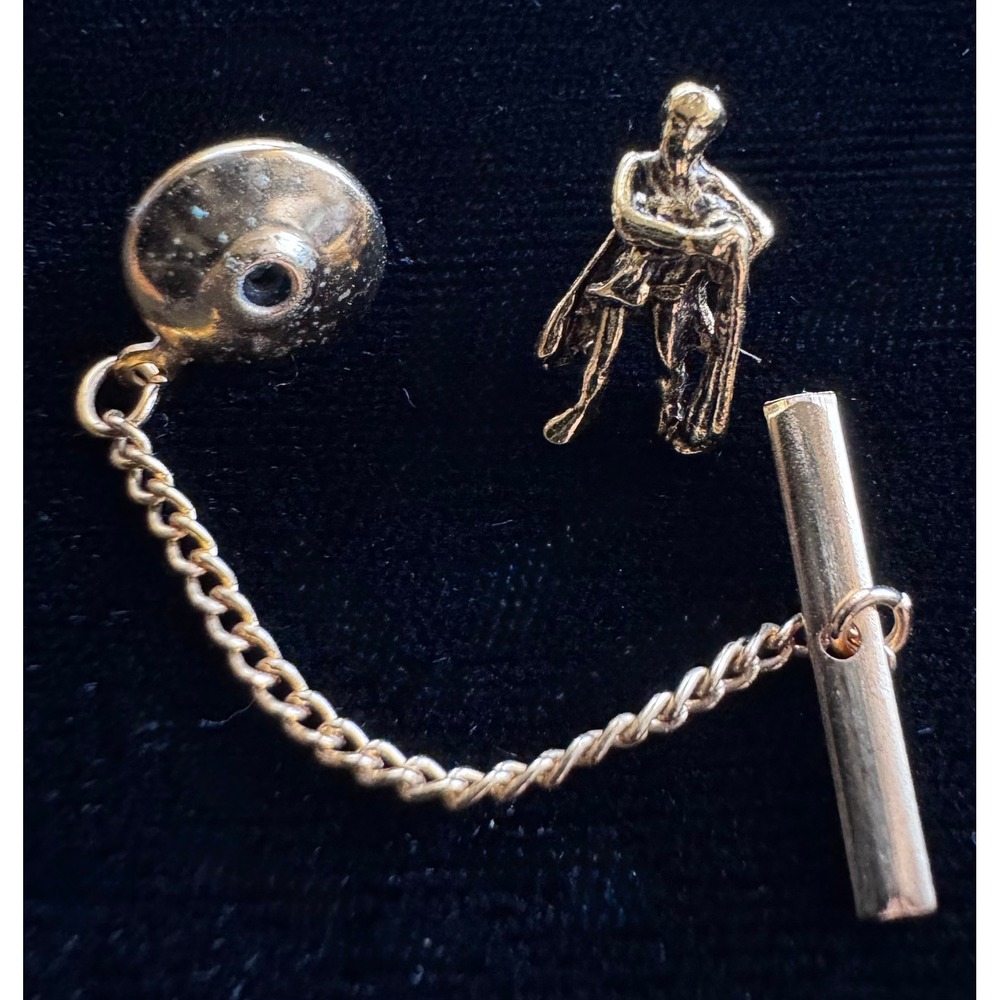 Vintage Aquarius Zodiac Tie Tac Gold Tone Water Bearer Astrology Pin with Chain - Picture 2 of 5